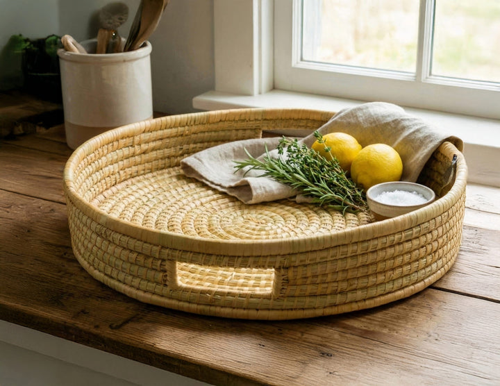 100% Handwoven Natural Rattan 17.5" Round Serving Tray, Boho Farmhouse Kitchen, Dining & Home Decor, Handcrafted – Authentic African Craftsmanship, Trays - Palace Imports