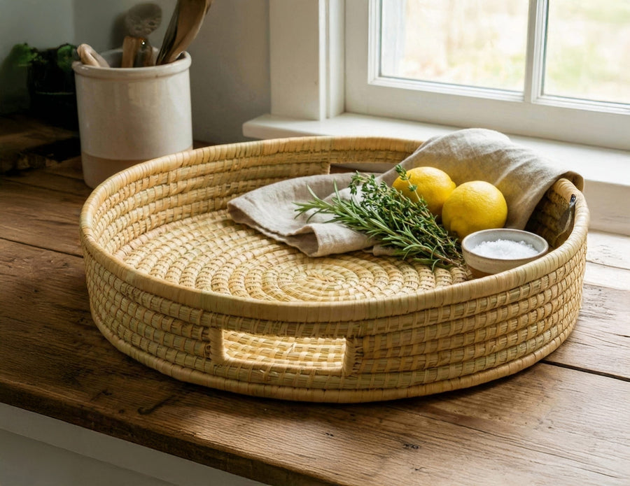 100% Handwoven Natural Rattan 17.5" Round Serving Tray, Boho Farmhouse Kitchen, Dining & Home Decor, Handcrafted – Authentic African Craftsmanship, Trays - Palace Imports