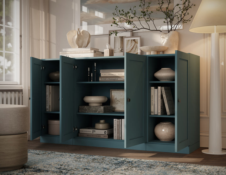 100% Solid Brazilian Pine Wood Sideboard, Shaker Doors, Adjustable Shelves, 65" Wide, 35.75" Tall