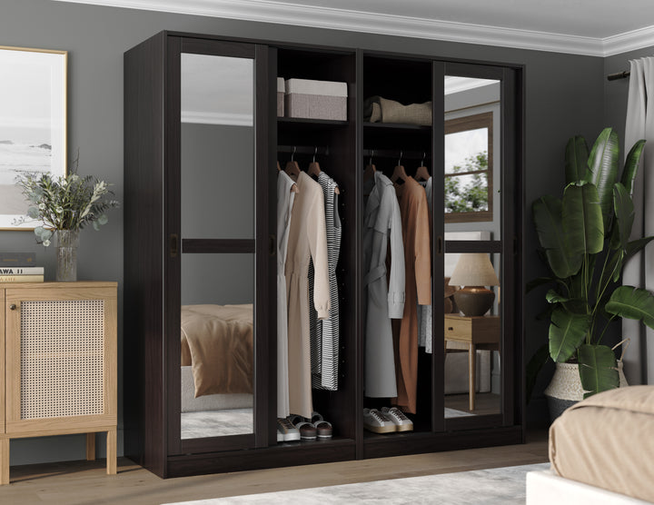 100% Solid Brazilian Pine Wood 4-Sliding Wardrobe with Mirrored Doors