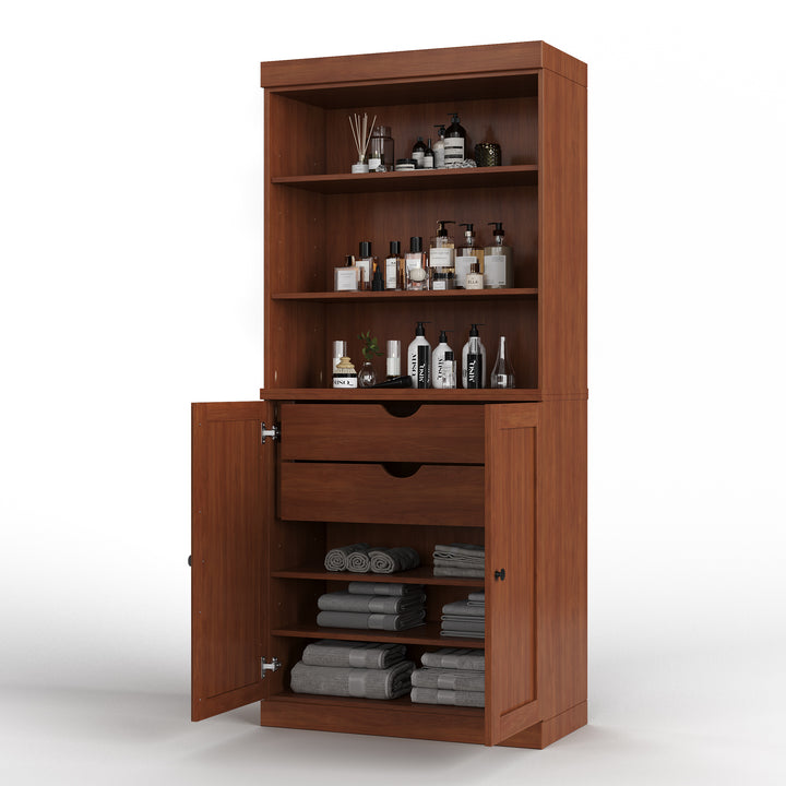 100% Solid Wood Tall Freestanding Modular Bathroom Linen Storage Cabinet with Shaker Doors, 2 Drawers, Adjustable Shelves, 32" W x 71.5" H