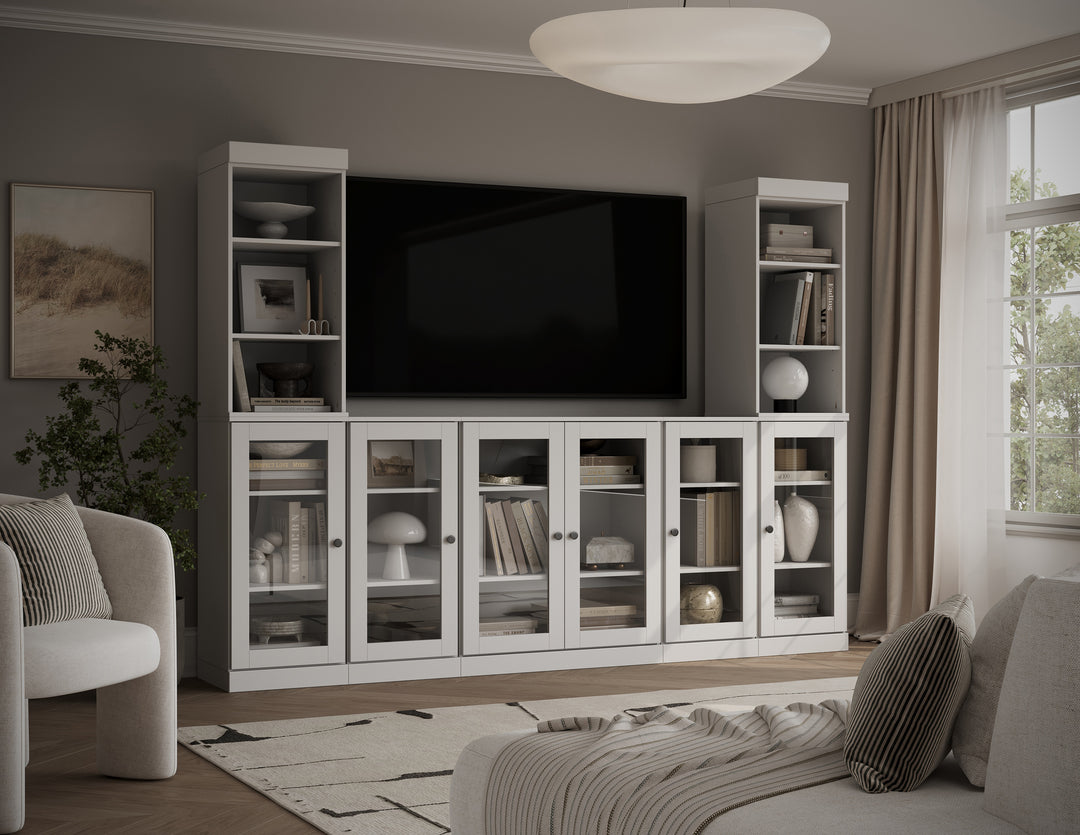 100% Solid Wood 7-Piece Entertainment Center Wall Unit with Storage, Open Cabinets & Glass Doors, Adjustable Shelves, 98" W x 71.5" H