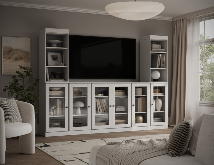 100% Solid Wood 7-Piece Entertainment Center Wall Unit with Storage, Open Cabinets & Glass Doors, Adjustable Shelves, 98" W x 71.5" H