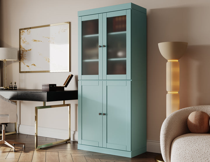 100% Solid Wood 6-Shelf 32" Bookcase, 2 Frosted Glass, 2 Shaker Wood Doors, Adjustable Shelves