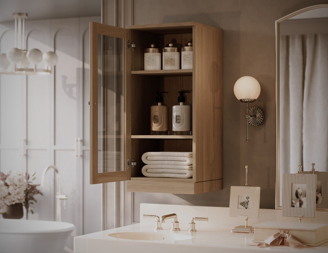 Premium 100% Solid European Oak Bathroom Wall Cabinet with Tinted Glass Doors, 16" W x 35.75" H