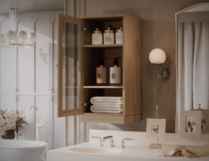 Premium 100% Solid European Oak Bathroom Wall Cabinet with Tinted Glass Doors, 16" W x 35.75" H