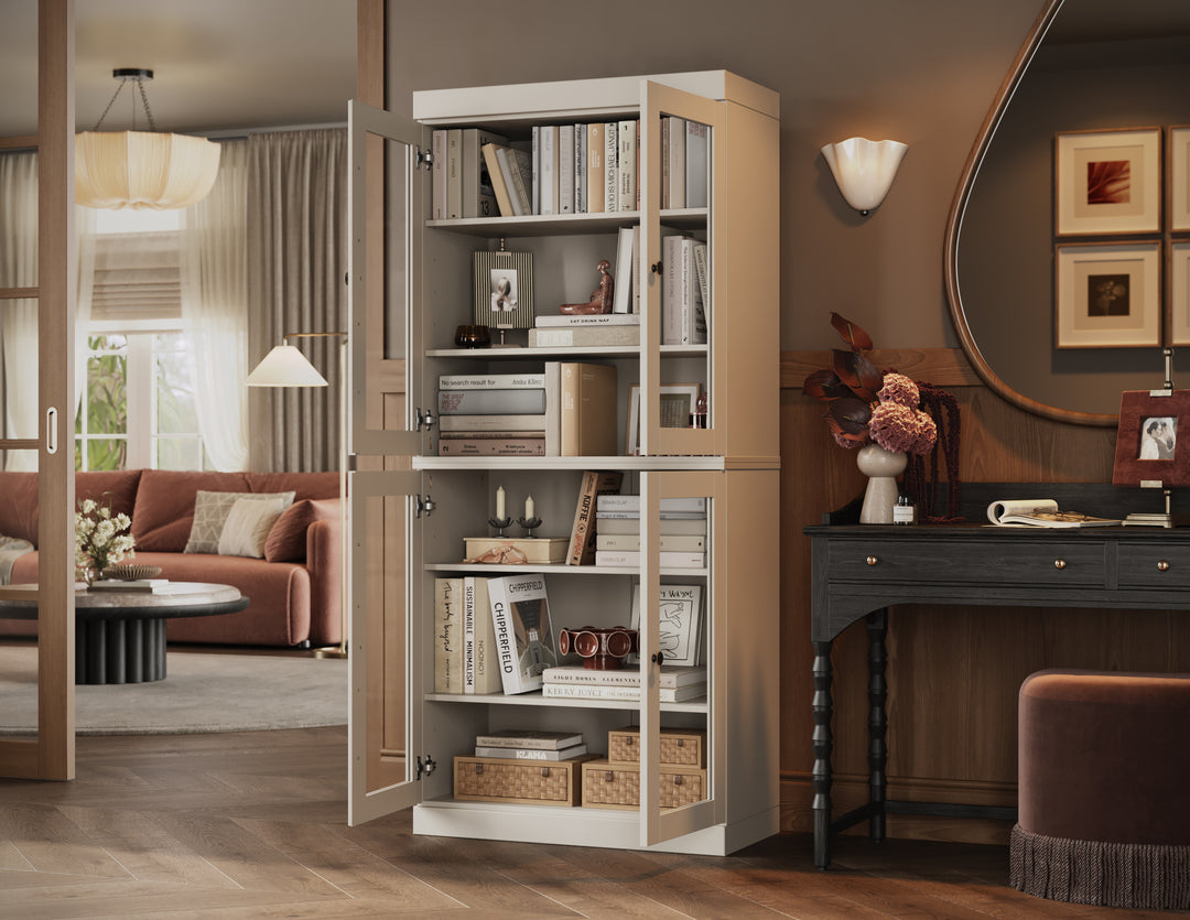 100% Solid Wood Tall Modular Bookcase Cabinet with Glass Doors, Storage Display Bookshelf with Adjustable Shelves, 32" W x 71.5" H