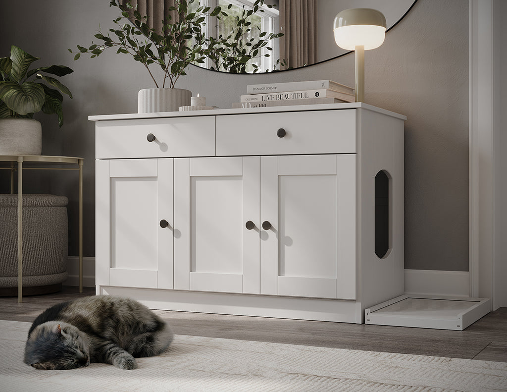 100% Solid Wood Ziva 3-Door Cat Litter Box Enclosure with Litter