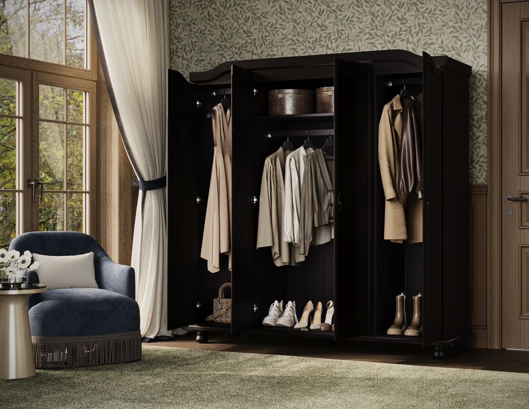 100% Solid Wood 4-Door Wardrobe Armoire with Raised Panel Doors, Bedroom Closet Storage - Kyle Collection