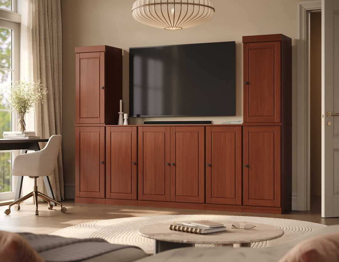 100% Solid Wood 7-Piece Entertainment Center Wall Unit with Storage, Raised Panel Doors, Adjustable Shelves, 98" W x 71.5" H