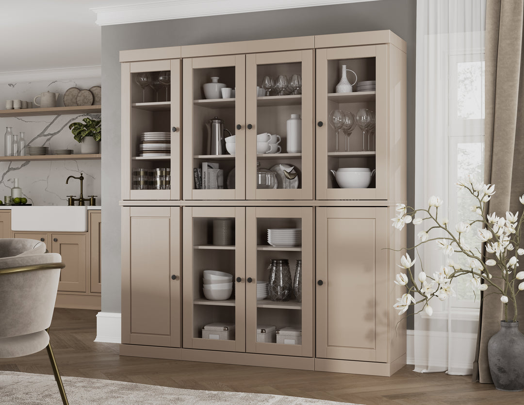 100% Solid Wood 65" China Pantry Cabinet, 6 Clear Glass, 2 Raised Panel Wood Doors