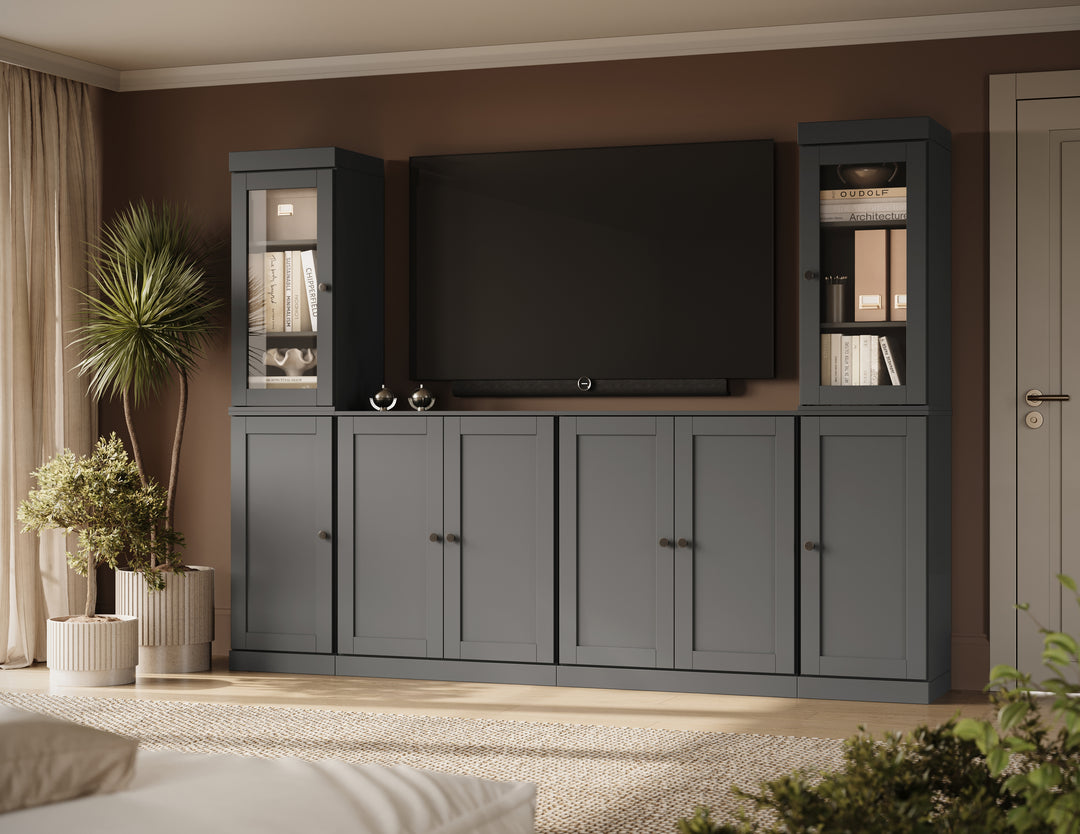 100% Solid Wood 6-Piece Entertainment Center Wall Unit with Storage, Glass & Shaker Doors, Adjustable Shelves, 97" W x 71.5" H