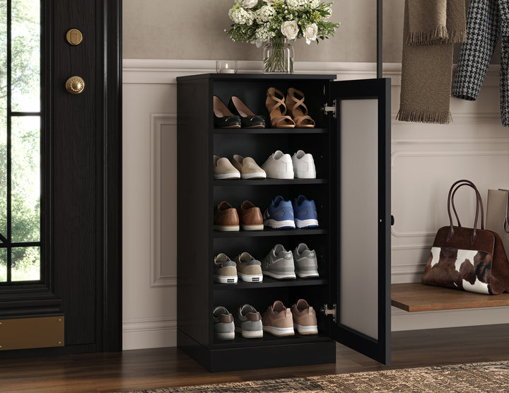 100% Solid Wood Narrow Frosted Glass Door Shoe Storage Cabinet with Adjustable Shelves, Space Saving Stackable Organizer, 16.5" W x 35.75" H