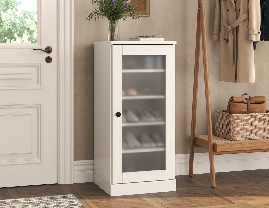 100% Solid Wood Narrow Frosted Glass Door Shoe Storage Cabinet with Adjustable Shelves, Space Saving Stackable Organizer, 16.5" W x 35.75" H
