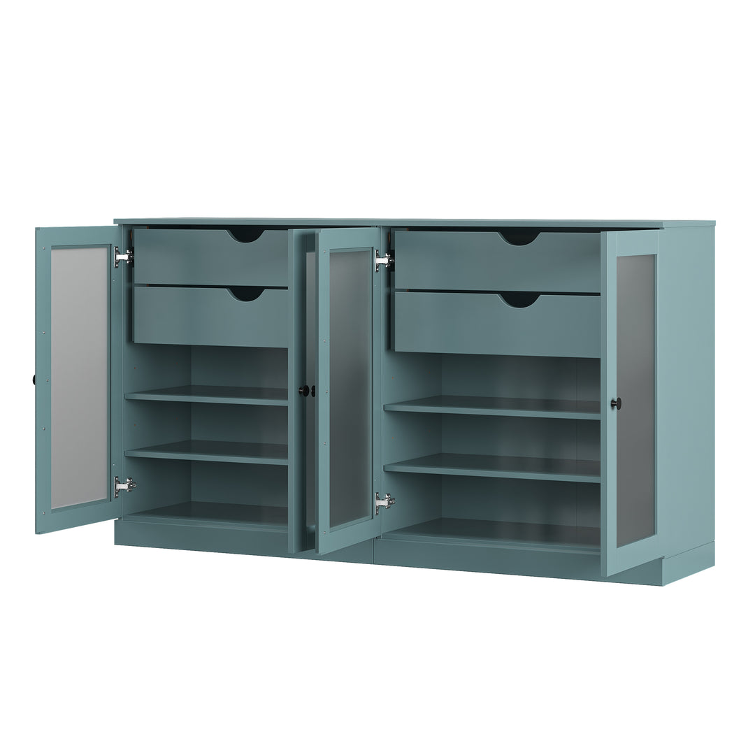 100% Solid Wood Sideboard Buffet with Frosted Glass Doors & 4 Drawers, Credenza Server for Dining Room Storage, Adjustable Shelves, 64" W x 35.75" H