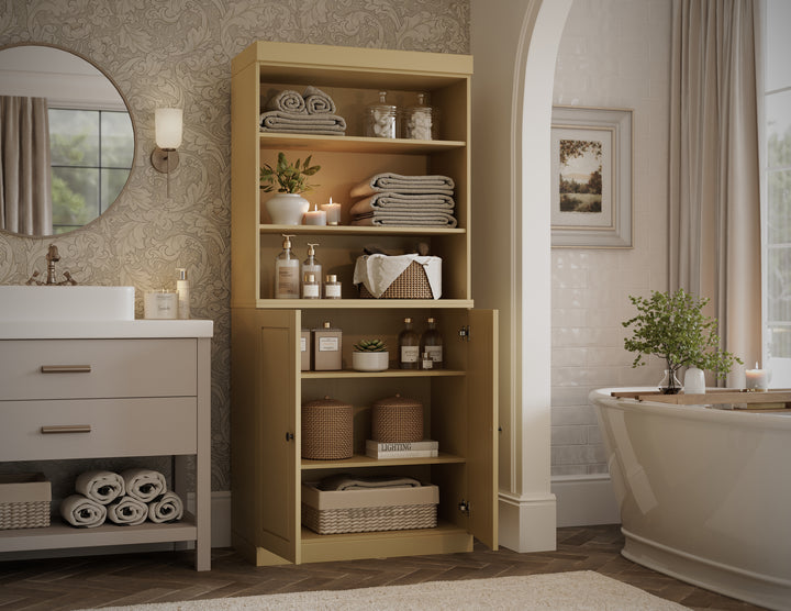 100% Solid Brazilian Pine Wood Bathroom Storage Cabinet, Raised Panel Doors, Adjustable Shelves, 32" Wide, 71.5" Tall