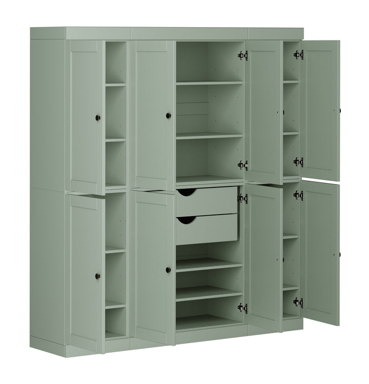 100% Solid Wood 65" Pantry Cabinet, 8 Shaker Wood Doors, 2 Drawers