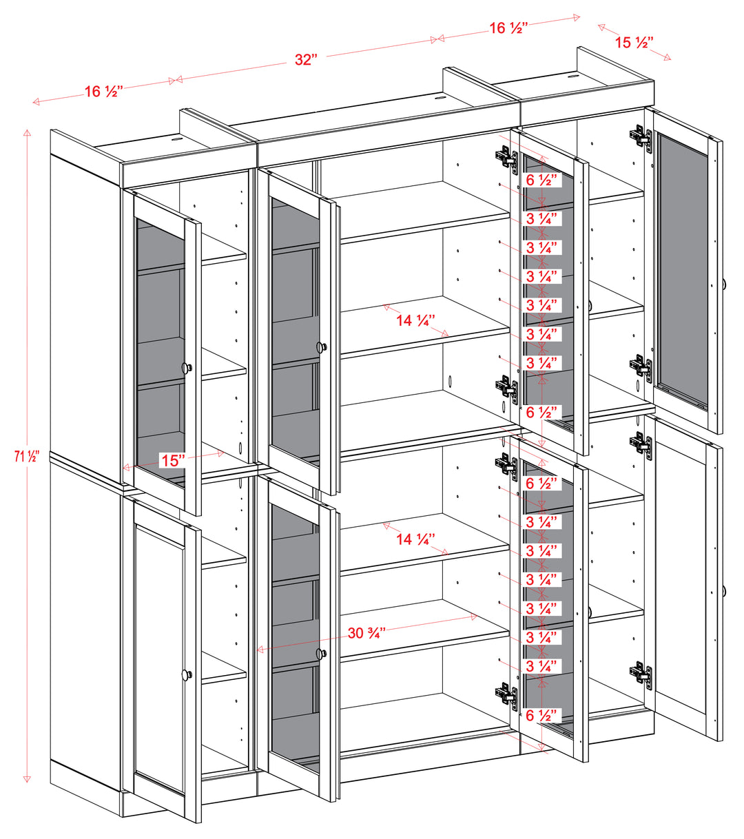 100% Solid Wood China Kitchen Pantry Cabinet, Tall Freestanding Modular Storage with Frosted Glass & Shaker Doors, Adjustable Shelves, 65" W x 71.5" H