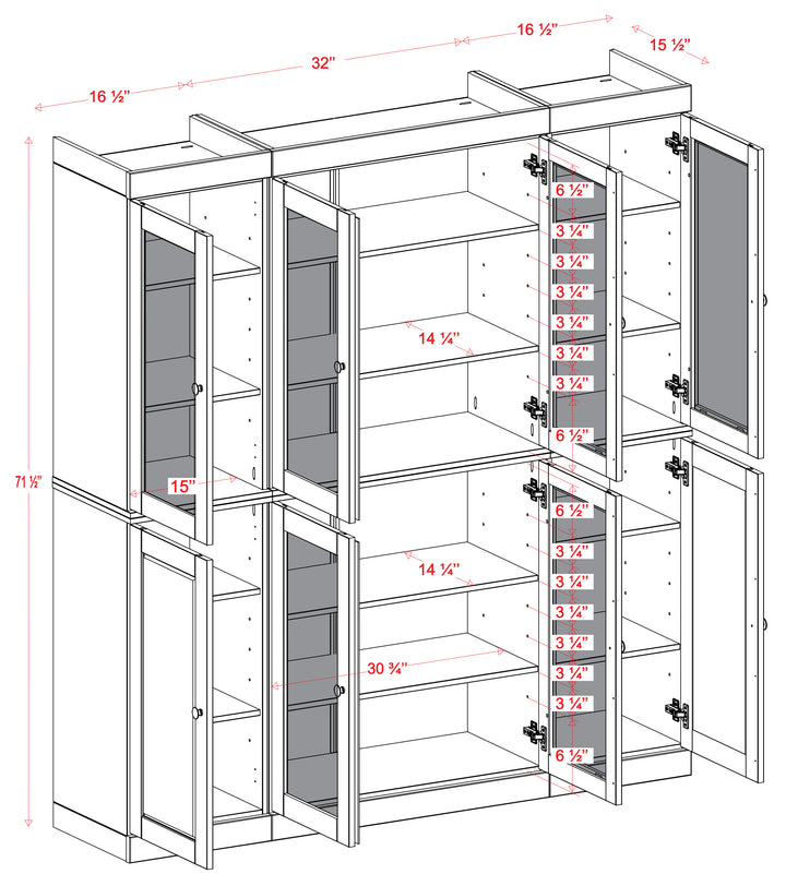 100% Solid Wood China Kitchen Pantry Cabinet, Tall Freestanding Modular Storage with Frosted Glass & Shaker Doors, Adjustable Shelves, 65" W x 71.5" H