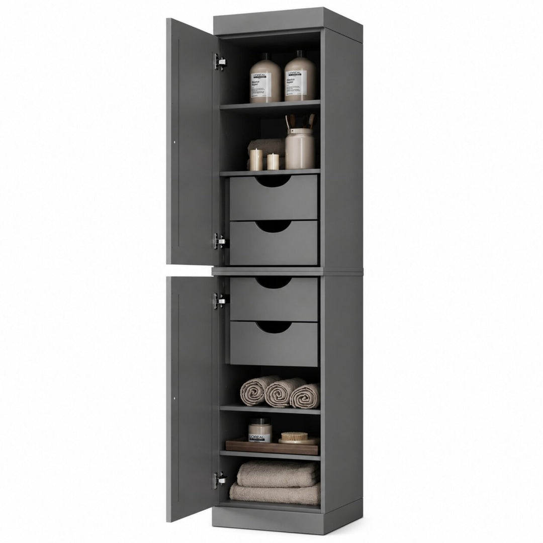 100% Solid Wood Bathroom Storage Cabinet, Raised Panel Doors, 4 Drawers, Adjustable Shelves, 16.5" Wide, 71.5" Tall