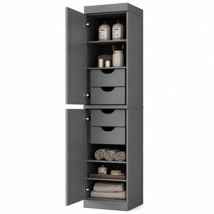 100% Solid Wood Bathroom Storage Cabinet, Raised Panel Doors, 4 Drawers, Adjustable Shelves, 16.5" Wide, 71.5" Tall