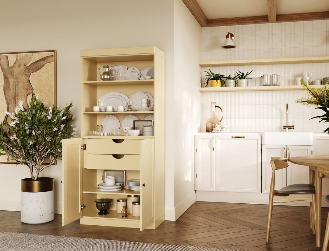 100% Solid Wood 32" Pantry Cabinet, 2 Shaker Wood Bottom Doors, 2 Drawers