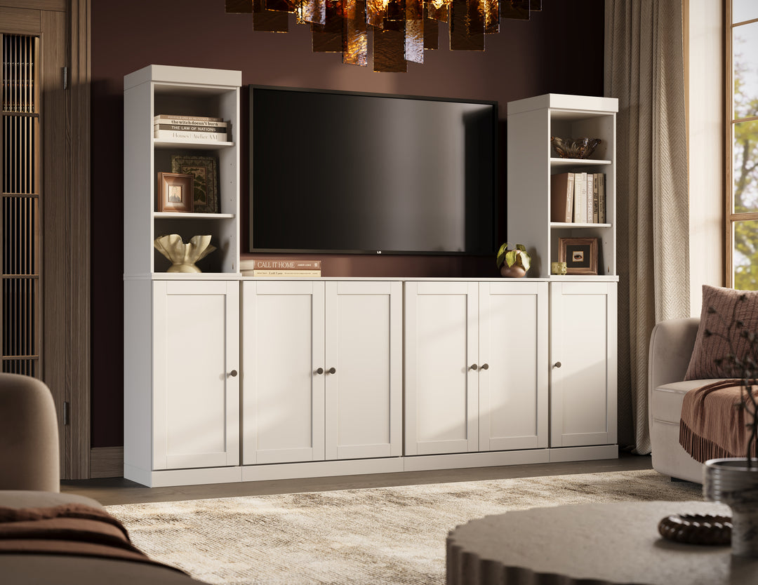 100% Solid Wood 6-Piece Entertainment Center Wall Unit with Storage, Open Cabinets & Shaker Doors, Adjustable Shelves, 97" W x 71.5" H