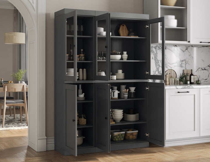 100% Solid Brazilian Pine Wood Pantry China Cabinet, Shaker & Clear Glass Doors, Adjustable Shelves, 48.5" Wide, 71.5" Tall