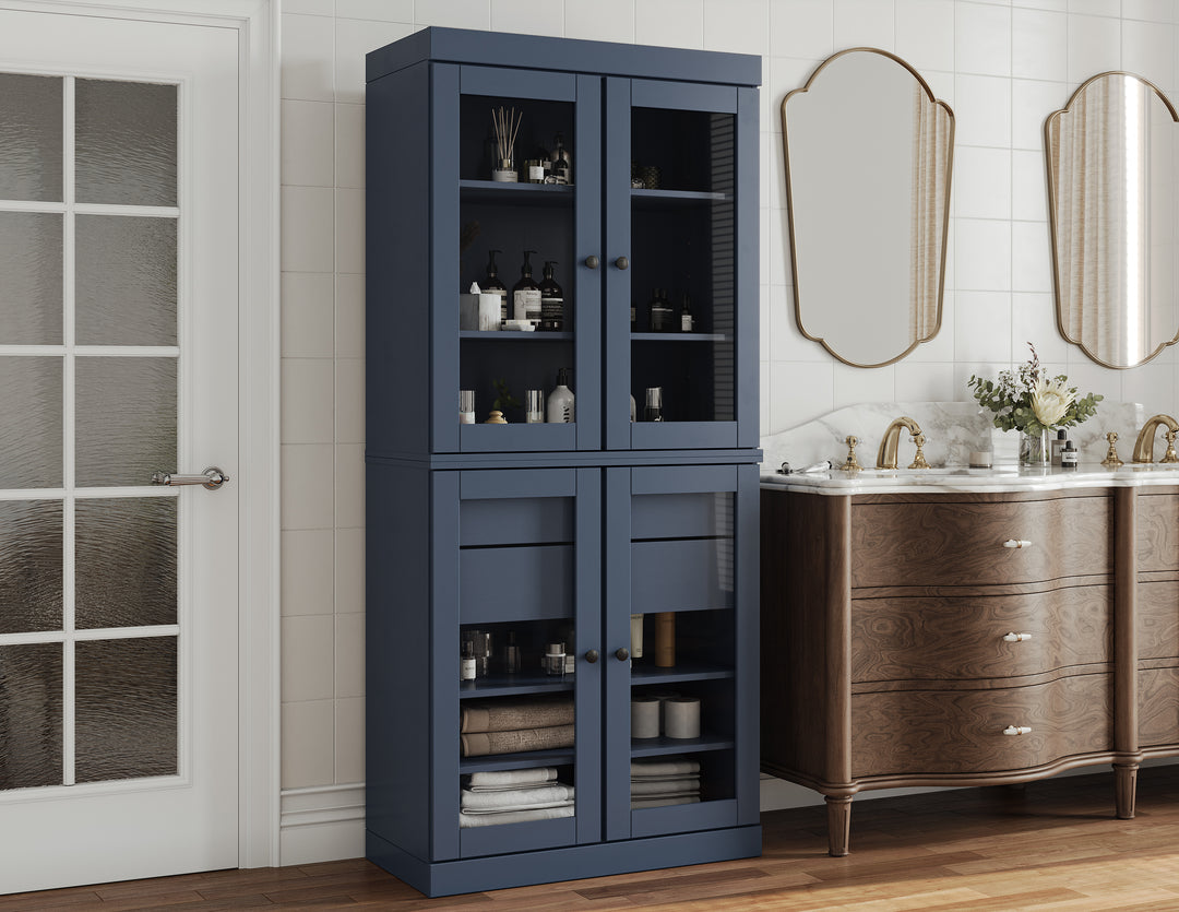 100% Solid Brazilian Pine Wood Bathroom Storage Cabinet, Clear Glass Doors, 2 Drawers, Adjustable Shelves, 32" Wide, 71.5" Tall