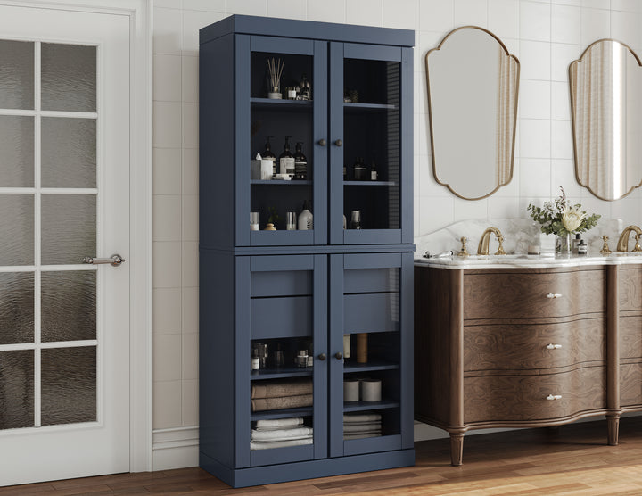 100% Solid Brazilian Pine Wood Bathroom Storage Cabinet, Clear Glass Doors, 2 Drawers, Adjustable Shelves, 32" Wide, 71.5" Tall