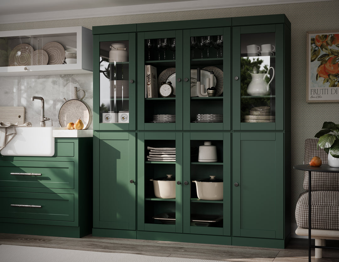 100% Solid Wood 65" China Pantry Cabinet, 6 Clear Glass, 2 Shaker Wood Doors