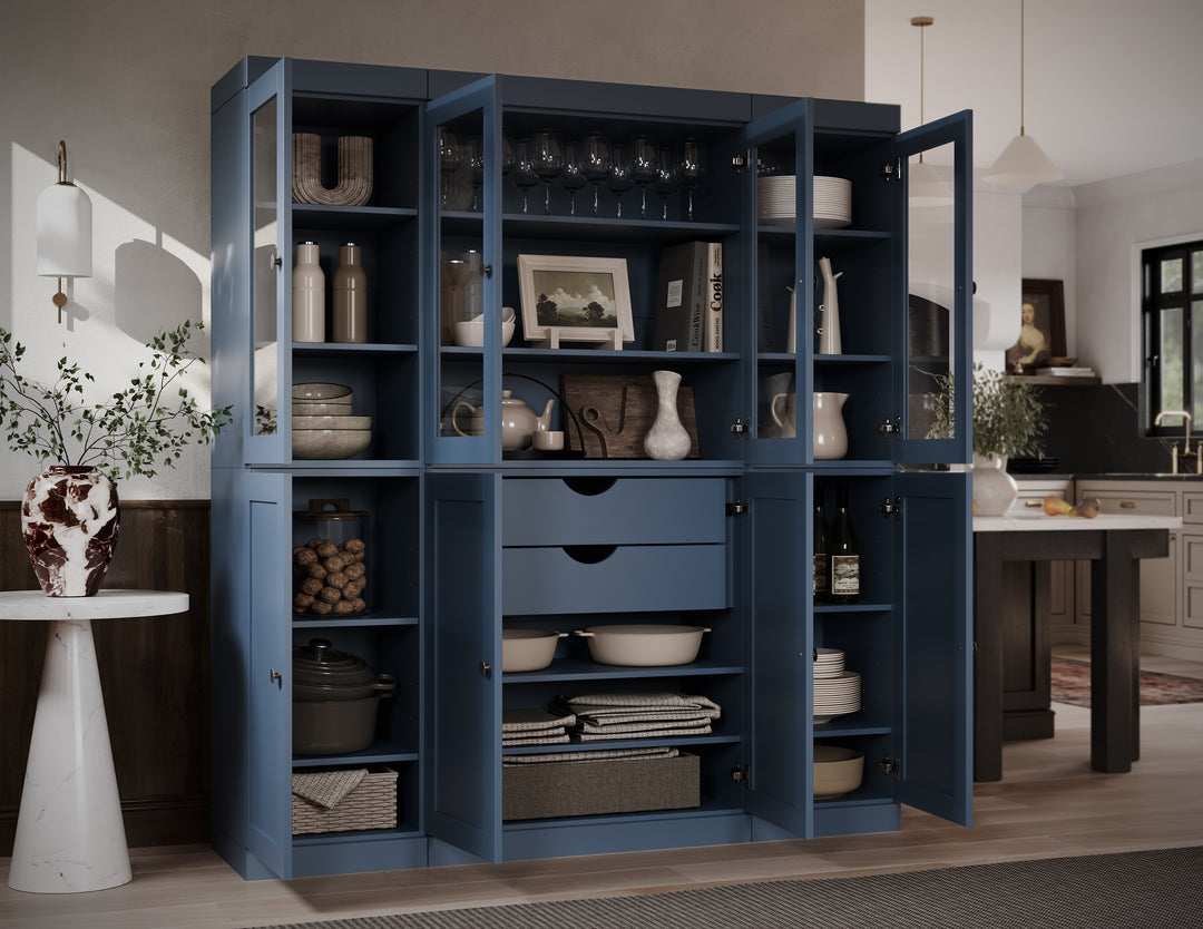 100% Solid Wood 65" China Pantry Cabinet, 4 Glass, 4 Shaker Wood Doors, 2-Drawers