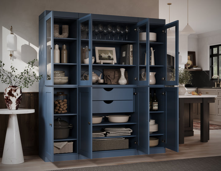 100% Solid Wood 65" China Pantry Cabinet, 4 Glass, 4 Shaker Wood Doors, 2-Drawers