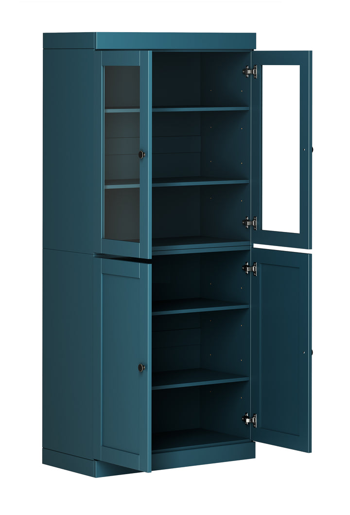 100% Solid Wood 32" Pantry Cabinet, 2 Clear Glass, 2 Shaker Wood Doors