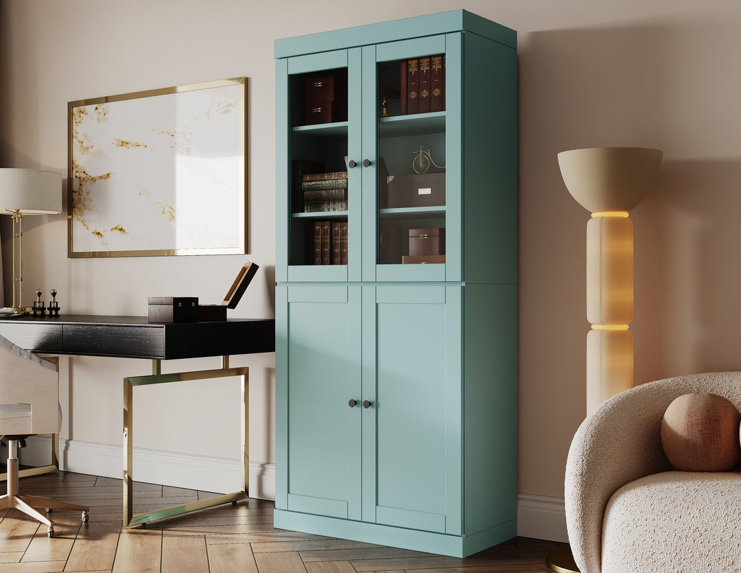 100% Solid Wood 6-Shelf 32" Bookcase, 2 Glass Doors, 2 Shaker Wood Doors, Adjustable Shelves