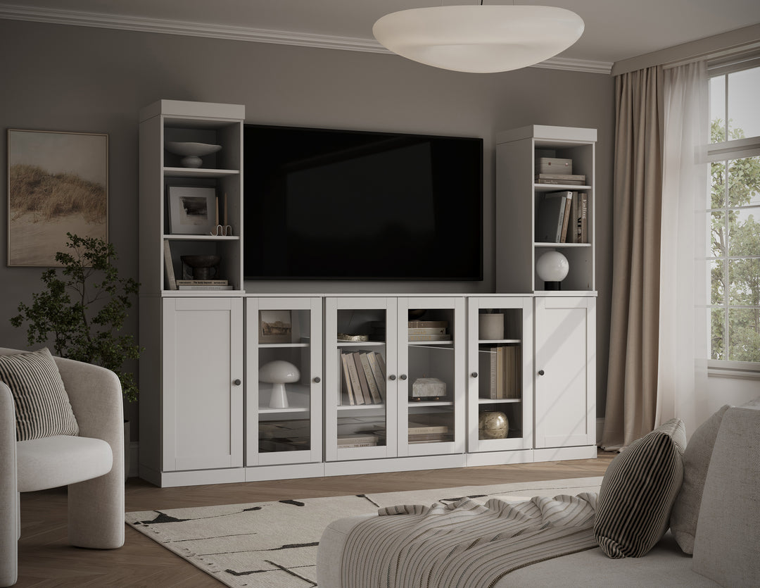 100% Solid Wood 7-Piece Entertainment Center Wall Unit with Storage, Open Cabinets, Shaker & Glass Doors, Adjustable Shelves, 98" W x 71.5" H
