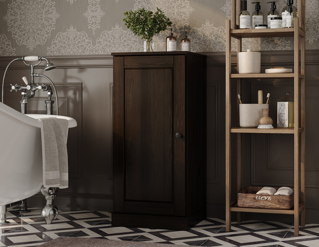 100% Solid Wood Freestanding Bathroom Linen Storage Cabinet with Raised Panel Door, Adjustable Shelves, 16.5" W x 35.75" H