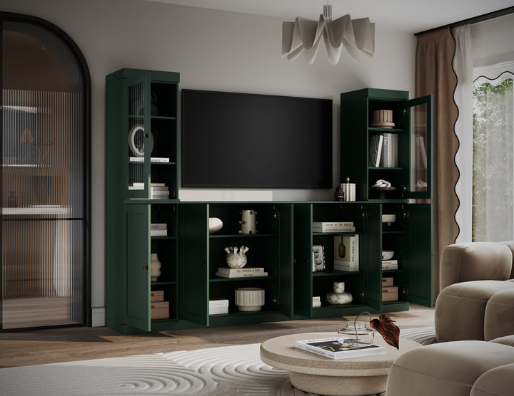 100% Solid Wood 6-Piece Entertainment Center Wall Unit with Storage, Glass & Shaker Doors, Adjustable Shelves, 97" W x 71.5" H