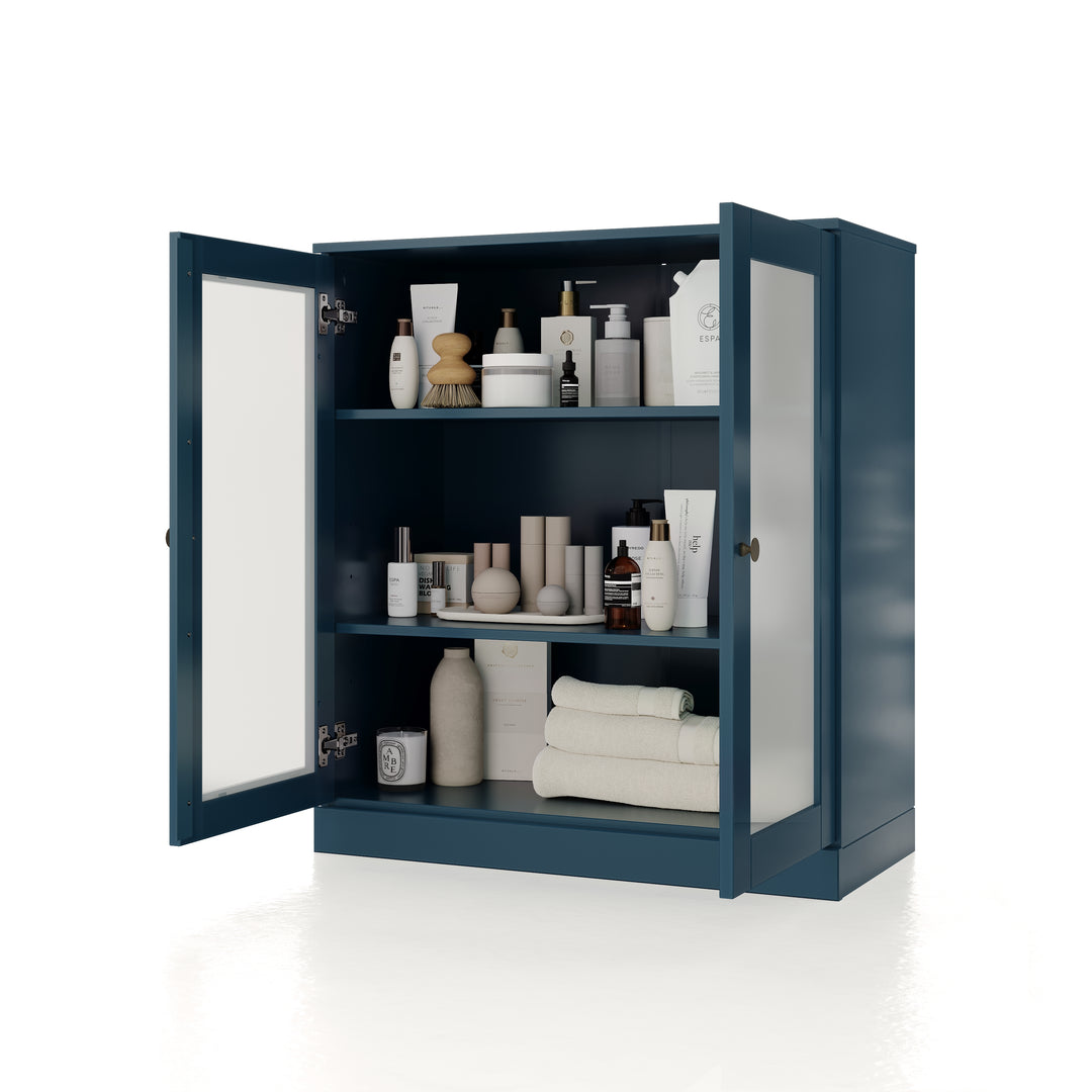 100% Solid Brazilian Pine Wood 32" Bathroom Storage Cabinet with Frosted Glass Doors & Adjustable Shelves