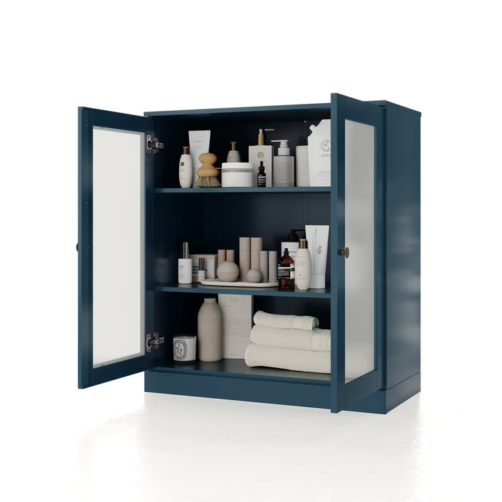 100% Solid Brazilian Pine Wood 32" Bathroom Storage Cabinet with Frosted Glass Doors & Adjustable Shelves