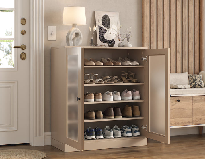 100% Solid Wood Frosted Glass Door Shoe Storage Cabinet with Adjustable Shelves, Space Saving Stackable Entryway Organizer, 32" W x 35.75" H