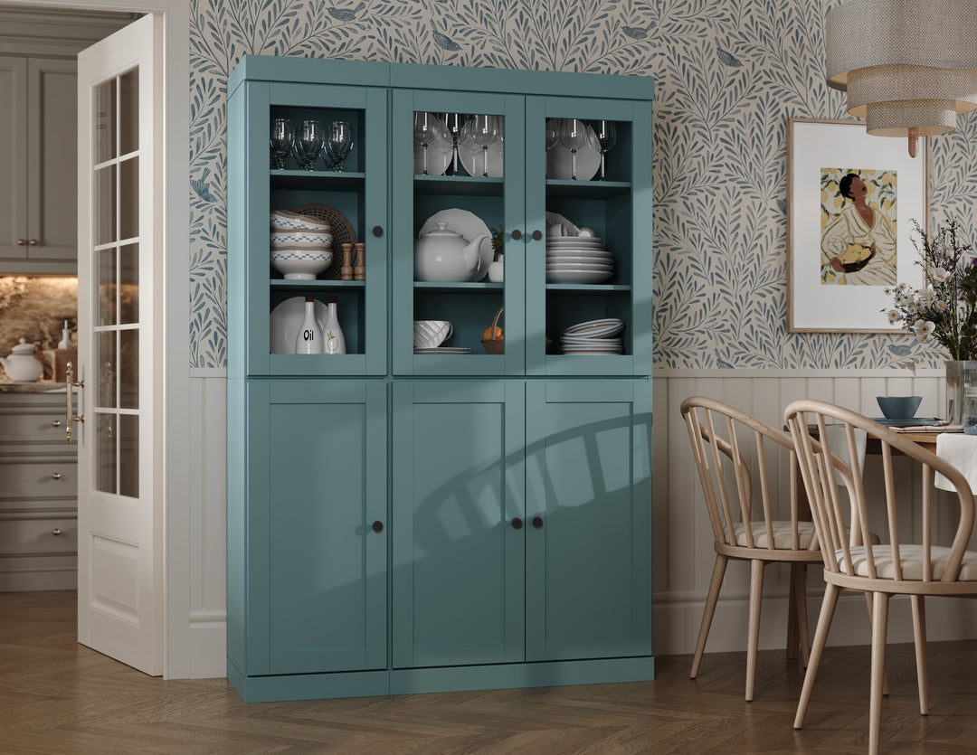 100% Solid Wood 48.5" China Pantry Cabinet, 3 Glass Doors, 3 Shaker Doors