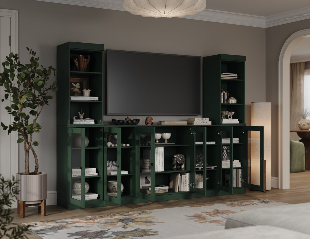 100% Solid Wood 7-Piece Entertainment Center Wall Unit with Storage, Open Cabinets & Glass Doors, Adjustable Shelves, 98" W x 71.5" H