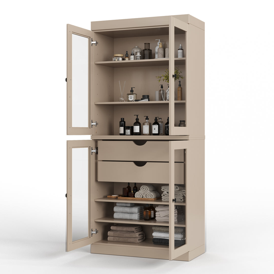 100% Solid Wood 32" Bathroom Cabinet, Glass Doors, 2-Drawers