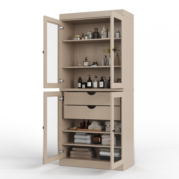 100% Solid Wood 32" Bathroom Cabinet, Glass Doors, 2-Drawers