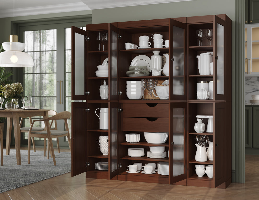100% Solid Brazilian Pine Wood 65" Pantry Cabinet with Frosted Glass, Shaker Doors, 2-Drawers and Adjustable Shelves