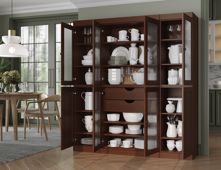 100% Solid Brazilian Pine Wood 65" Pantry Cabinet with Frosted Glass, Shaker Doors, 2-Drawers and Adjustable Shelves