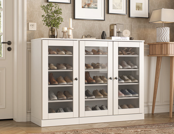 100% Solid Wood Glass Door Shoe Storage Cabinet, Adjustable Shelves, Space Saving Modular Entryway Organizer, 48.5" W x 35.75" H