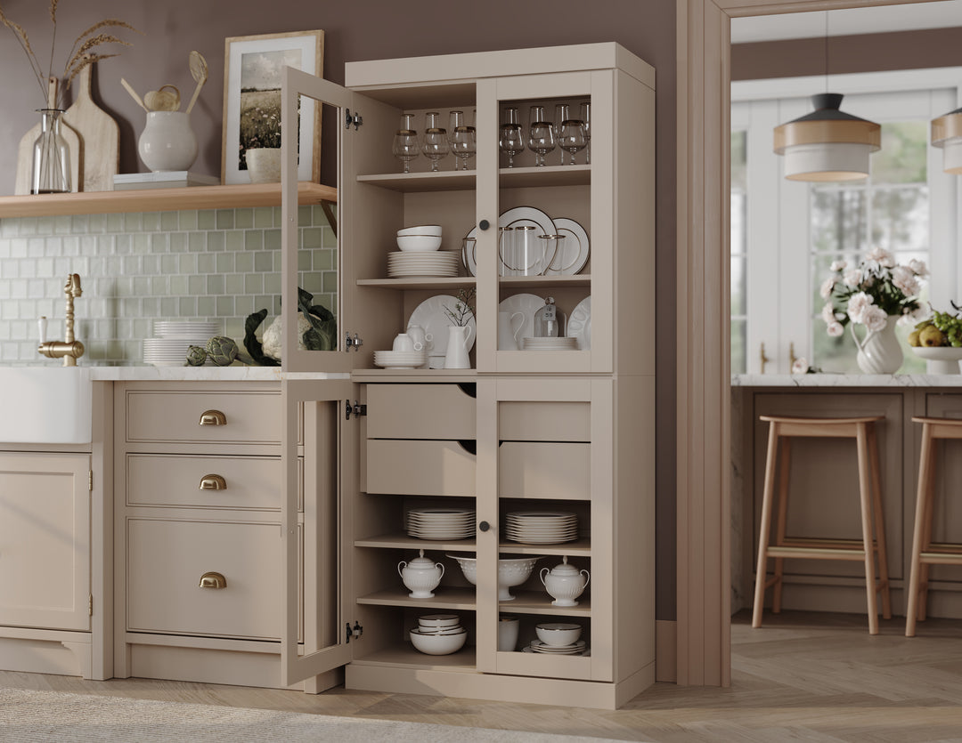 100% Solid Wood 32" Pantry Cabinet, 4 Clear Glass Doors, 2-Drawers Set