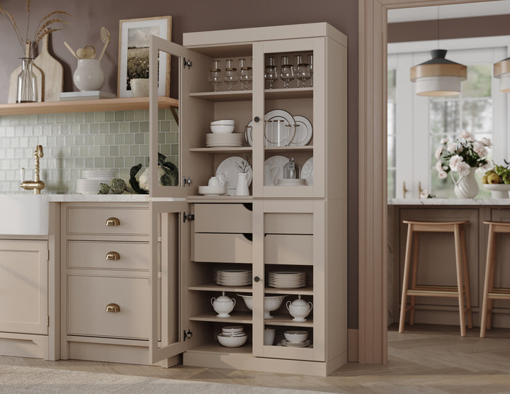 100% Solid Wood 32" Pantry Cabinet, 4 Clear Glass Doors, 2-Drawers Set